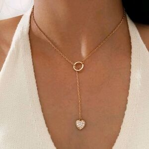 Minimalist Rhinestone Heart Charm Y Lariat‎ Necklace gold  color for women